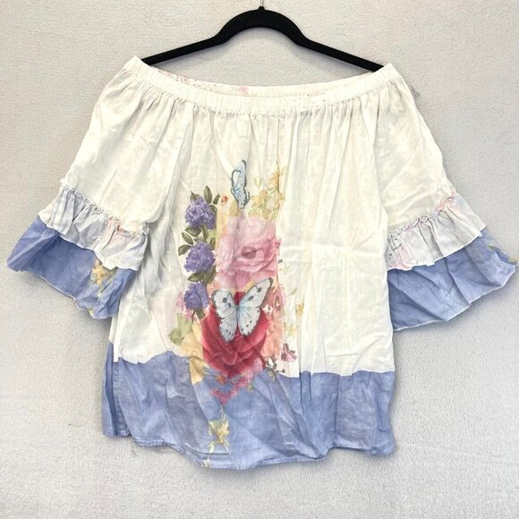 Hester & Orchard Floral Off Shoulder Top Small S Colorful Linen Blend Butterfly - Picture 1 of 10